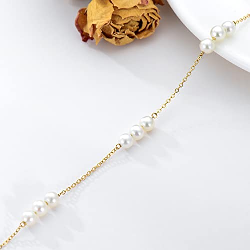 14K Solid Gold Pearl Bracelet for Women, Dainty Gold Pearl Beads Bracelet Jewelry Anniversary Present for Her, Mom, Wife, 6.5inch-8.1Inch4