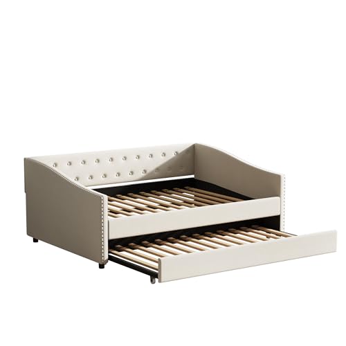 Full Size Upholstered Daybed with Trundle,Tufted Day Bed w/Button on Back and Piping on Waved Shape Arms for Bedroom Guest Room, No Box Spring Needed,Beige