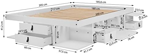 Memomad Set Bali White: Storage Bed Super King 6FT (180x200 cm) + Headboard 205 + Slatted Frame. Sturdy double bed frame and headboard with drawers, ideal for small bedrooms - Pine and MDF lacquered