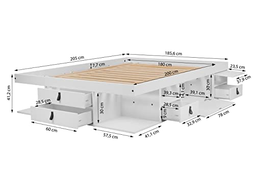 Memomad Set Bali White: Storage Bed Super King 6FT (180x200 cm) + Headboard 205 + Slatted Frame. Sturdy double bed frame and headboard with drawers, ideal for small bedrooms - Pine and MDF lacquered