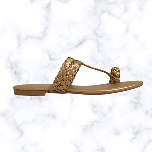 Image of Women's Round Toe Flats Sandal | Hand Braided Toe Ring Sandals | Dailywear Slippers Under 500 | Open Toe Kolhpauri Style chappal for Ethnic and Casual Occassions.