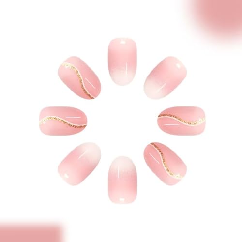 Image of Ombre Pink Press on Nails with Gold Glitter Line Fake Nails Shimmery Design Stick on Nail Glossy Full Cover Short Almond for Women Manicure 24Pcs