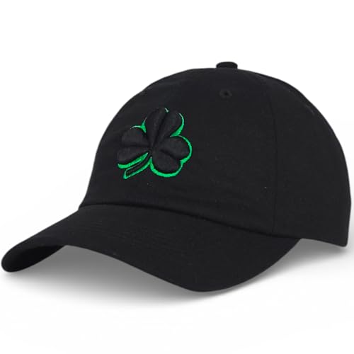 Shamrock 3D Embroidered Cotton Baseball Cap for Irish St Patricks Day Classic Dad Hat with Clover Design Adjustable Metal Buckle Strap Unstructured Low-Profile Style Black-Black