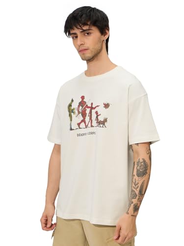 Image of The Souled Store Deadpool: Maximum Effort Men and Boys Short Sleeves Round Neck Green Graphic Printed Cotton Oversized T-Shirts