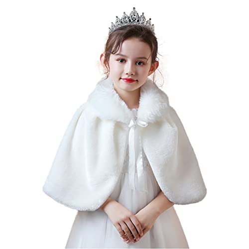 BXT Flower Girl Shawl Wrap, Kids Soft Ivory Faux Fur Pompom Princess Shoulder Cape for Wedding Beige(150-160cm)