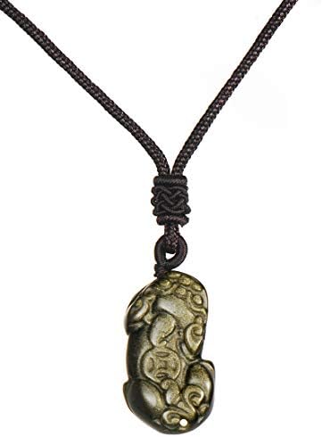 Fengshui Pixiu Pi Yao Shiny Gold Obsidian Pendant Necklace Feng Shui Amulet Stone Talisman for Wealth Good Luck