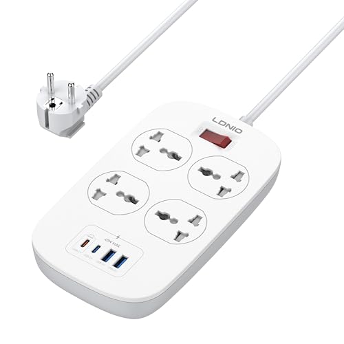 MANTO Multiprise avec 4 Prises AC 2500W/10A, 4 Ports USB Dont Quick Charge 3.0, Câble 1,5m EU, Compatible Universelle (A/B/C/E/F/G/I), Idéal Maison, Bureau,...