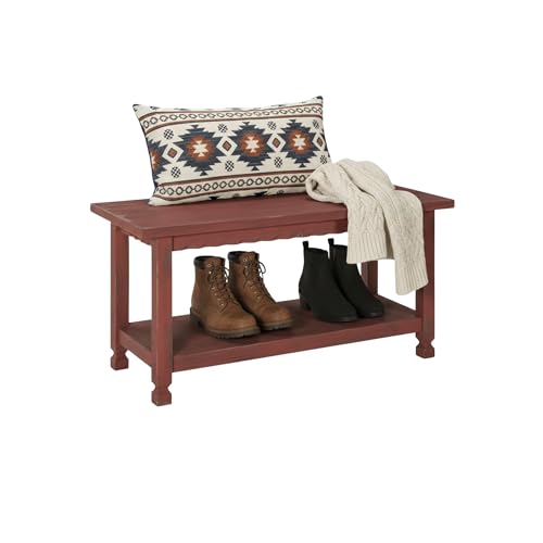 Country Cottage Rustic Farmhouse Bench – 36” Solid Wood Entryway Seat with Storage Shelf for Hallway, Mudroom, or Living Room Accent by Alaterre Furniture (Distressed Antique Red Finish)