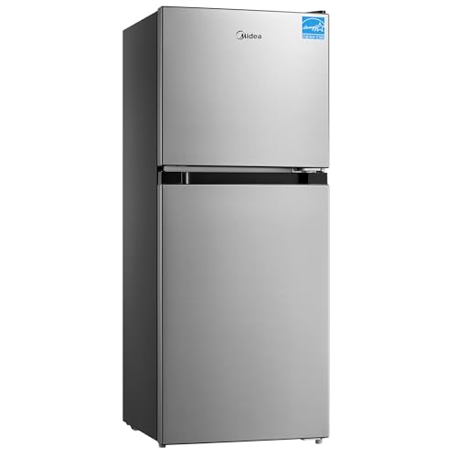 Midea MERM45S3AST 4.5 Cu.ft Mini Fridge with Freezer, with Internal Light, Adjustable Thermostat, Reversible Door, for Dorm, Office, Bedroom, Stainless Steel