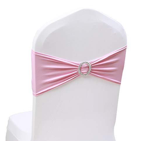 SheYang 100PCS Pink Stretch Chair Sashes Bows Elastic Chair Bands with Buckle Slider Sashes Bows for Wedding Hotel Banquet Birthday Party Decorations (100PCS, Pink)