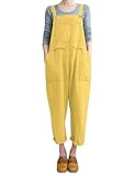 Gihuo Women's Fashion Baggy Loose Linen Overalls Jumpsuit Oversized Casual Sleeveless Rompers with Pockets (Yellow-M)