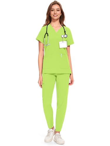 COZYFIT Medical Scrubs for Women Set - Curved V-Neck Scrub Top & Jogger Pants with 8 Pockets