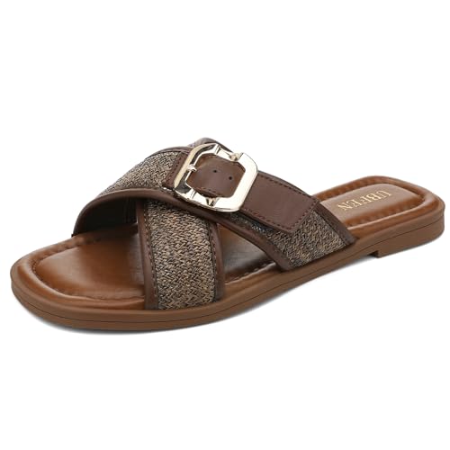 Image of UBFEN Womens Square Toe Flat Sandals Slides Dressy Comfortable for Beach