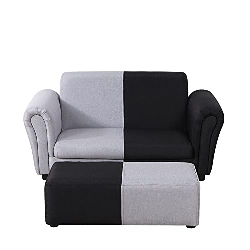 Yoonnie Room Kid Couch/ 2-Seater Kid Sofa Chair With Big Ottoman/Toddler Couch With Linen Fabric/Big Children Sofa Couch For 0-3 Years (Black+ Grey) #TOP2