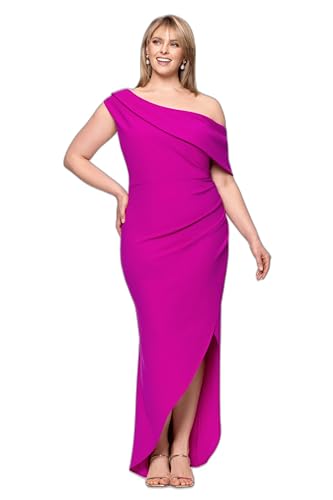 Image of Betsy & Adam Women's One-Shoulder, Floor-Length, Draped Detail, Fitted Silhouette Evening Gown, New Fushia, 16W