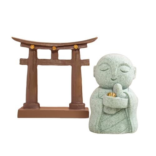 お地蔵さんセット癒し可愛い小型置物祈りお地蔵様おじぞうさま守り神みかげ石 幸せ願い縁の良いおきもお かわいい御影石 神仏像 (装飾品,鳥居明神 ブラウン+地蔵菩薩)