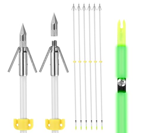 LEANPRO Bowfishing Arrows 6 Pack with Broadheads and Safty Slides 32 inches Archery Fiberglass for Compound Bow Recurve Bow Fishing Hunting