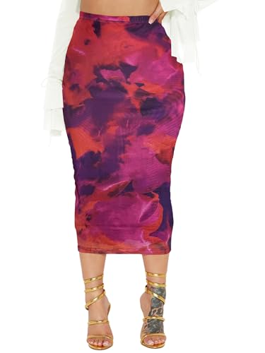 Women's Floral Print Mesh Long Skirt High Waisted Bodycon Pencil Maxi Skirts
