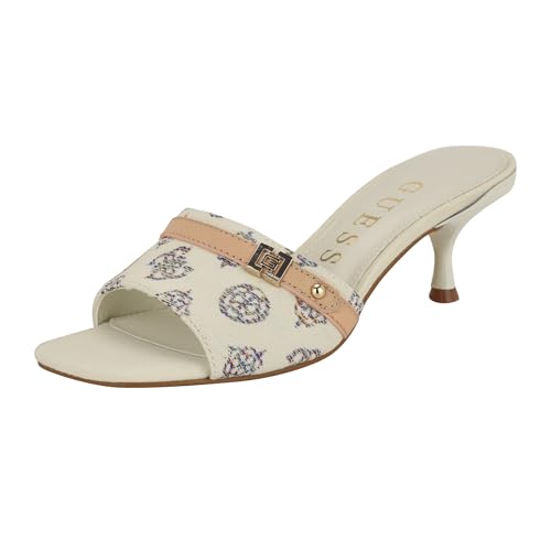 Guess Women's Peomit Heeled Sandal, White/Beige Rainbow Logo 140, 9.5