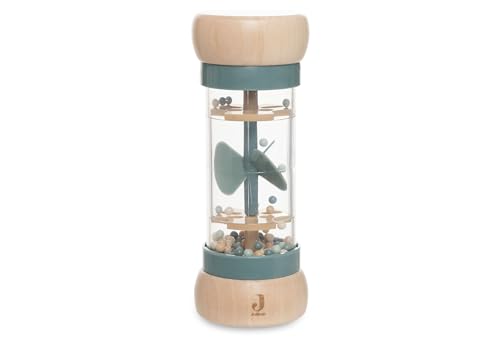 Jollein Regenmacher Baby aus Holz On the Go Baby Spielzeug ab 0+ Monaten Mit Roller & Helikopter-Motiv Fördert Sinne & Motorik Seegrün/Beige