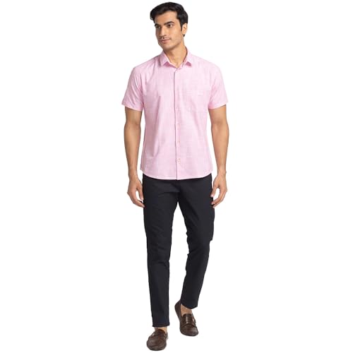 Image of Park Avenue Men's Pure Cotton Chambray Pattern Slim Fit Ainsley Collar Half Sleeve Casual Shirt
