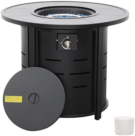 30 Inch Fire Tables Round Tabletop 50000 BTU Outdoor Fire Pits for Outside Steel Gas Fire Table with Fire Pit Lid Waterproof Cover, Black
