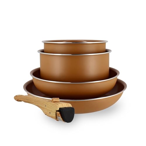 MENASTYL - Batterie de Cuisine Amovible Empilable - Tous Feux Dont Induction - Revêtement Céramique Antiadhésif sans PFAS - Gamme Colorama - Couleur Noisette - 2...