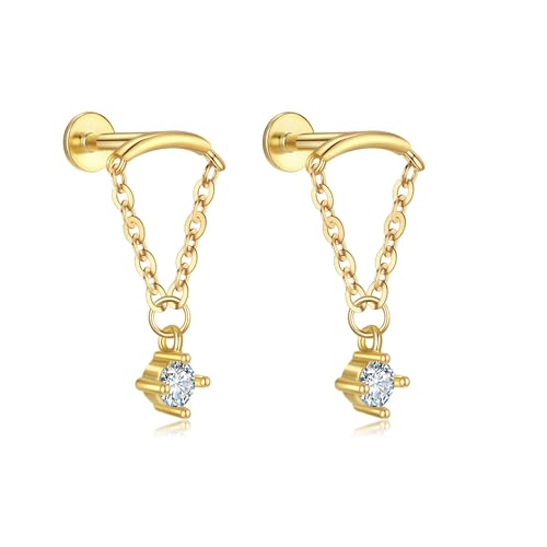 Gold Helix Earrings for Women Flat Back Earrings Hidden Helix Earring Dangle Drop Tassel Chain Earring 2Pcs Cartilage Studs Silver Cubic Zirconia Sparkling Earrings Opal Jewelry