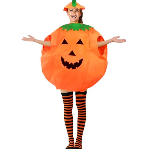 FUIPVGI 3 Piezas Disfraz De Calabaza De Halloween Disfraz Calabaza Completo con Capucha Medias de Rayas, Disfrazs Calabazas para Mujer para Fiesta de Halloween Carnaval y Noche de Brujas (Naranja)