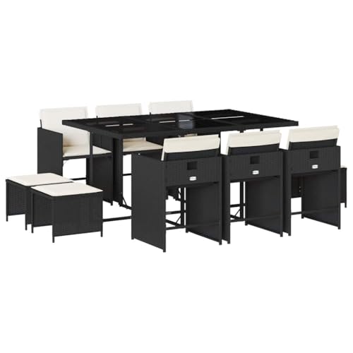 vidaXL Ensemble à Manger de Jardin Coussins 11 pcs, Chaises à Manger avec Accoudoirs, Ensemble de Meubles avec Table, Moderne, Noir Résine Tressée