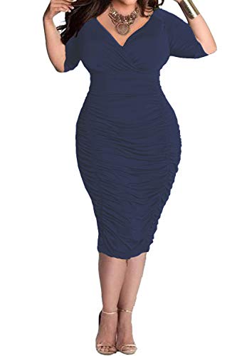 POSESHE Womens Plus Size Deep V Neck Wrap Ruched Waisted Bodycon Dress (XL, Dark Blue)
