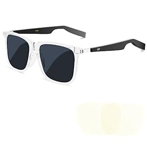 Smart Audio Sunglasses (Sun & Blue Light Lenses) for Men and Women, Open Ear Speaker & IP67 Waterproof, Transparent Frame, Rectangular, Medium