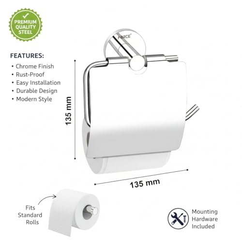Image of Force Toilet Paper Roll Holder with Round Chrome Finish - Wall Mounted Stainless Steel 304 with Brass Base - Bathroom Tissue Roll Holder with Built-in Shelf - Rustproof, Durable & Elegant Design