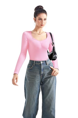 Image of SUUKSESS Women Sweetheart V Neck Long Sleeve Tops Lace Trim Ribbed Modal Fall Going Out Shirts