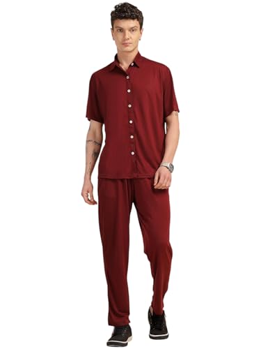 Image of Thomas Scott Men's | Relaxed Fit | Solid | 100% Polyester | Co-Ord Set With Short Sleeves & Spread Collar