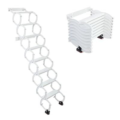 8 Steps Wall-Mounted Attic Ladder, 7.2ft Steel Retractable Loft Pull Down Attic Ladder with Handrails, 440lbs Capacity, Space Saving, Attic Ladder Pull Down System for Attics Garages Roofs, White