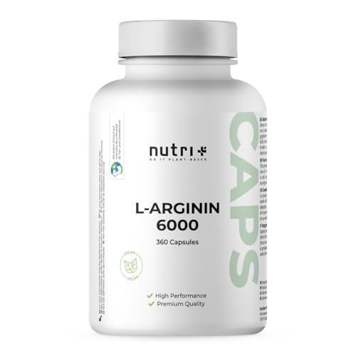 Nutri + L-Arginin Base Kapseln vegan hochdosiert fermentiert laborgeprüft - 360 Caps - 6000 mg 100%...