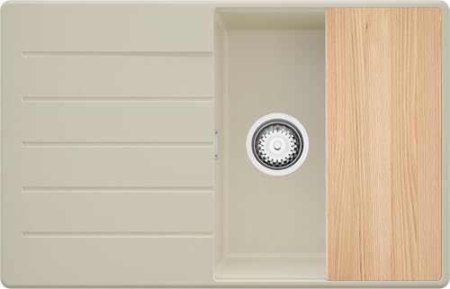 PRIMAGRAN Evier Cuisine en Granit Beige 78x50cm, Lavabo 1 bac + Kit de Vidage + Planche à Découper, Évier à Encastrer au Meuble 50cm - Copenhague Top S532