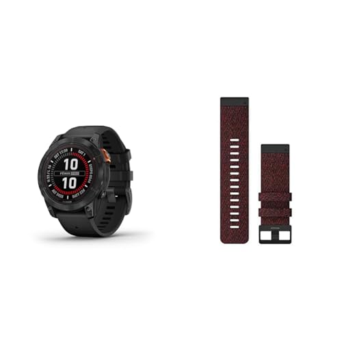 Garmin fēnix 7 PRO SOLAR, Multisport GPS Smartwatch, Advanced Health and Training Features QuickFit 26 Watch Bands- Heathered Red Nylon