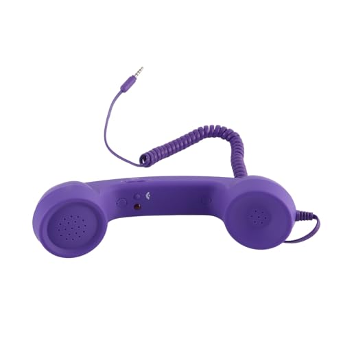 Retro teléfono con cable morado, receptor con conexión 3.5mm y USB C miniatura 4