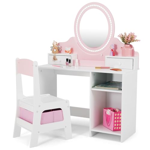 JOYLDIAS 2 in 1 Schminktisch Kinder mit Hocker und LED-Spiegel, Prinzessin Frisiertisch Schreibtisch mit Schublade, Regal und Körbchen, Kinder Schminktisch für mädchen ab 3 Jahre, Rosa