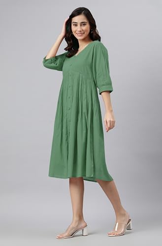Image of Janasya Women's Cotton Solid Flared Dress