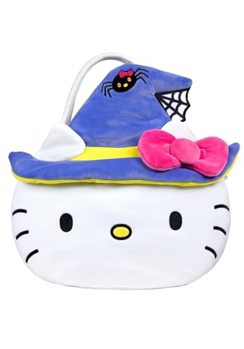 Hello Kitty Plush Halloween Treat Pail with Embroidered Face, Witch Hat and Bow Details Candy Tote Standard