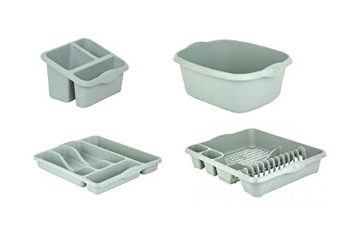 Galleries Wham Set of 4 Plastic Dish Drainer With Sink Tidy,Washing Up Bowl & Cutlery Tray (Silver Sage)