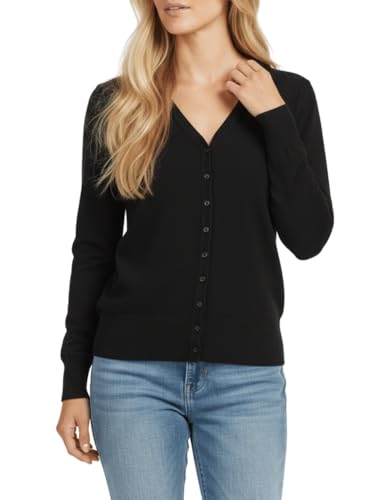 YEMAK Women's Knit Cardigan Sweater – Long Sleeve V-Neck Basic Classic Casual Button Down Knitted Soft Lightweight Top, Black, Small