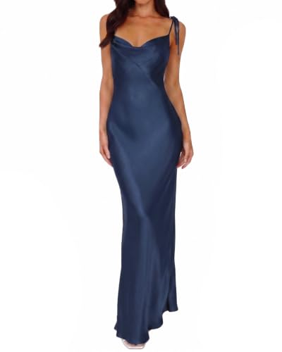 Image of 2026 Satin Cowl Neck Spaghetti Strap Maxi Dress for Women Bridesmaid | Silk,Tie Strap,Slip,Slit,Midi,Wedding Guest,Graduation,Elegant,Cocktail,Vacation,Party
