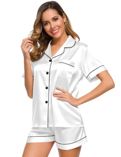 Image of SWOMOG Womens Silk Satin Pajamas Set Short Sleeve Sleepwear Button Down Top and Shorts Loungewear 2 Piece Pjs Set XS-3XL