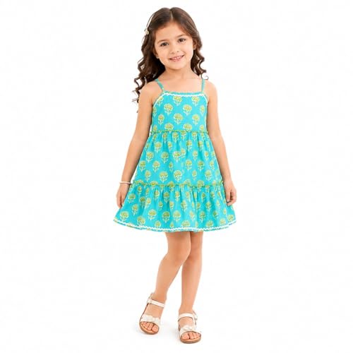 Image of The Magic Wand Kids Girls Printed Casual Dresses, Knee Length Singlet Strap Fit & Flared Cotton Once Piece Stylish Frocks for Summer Season