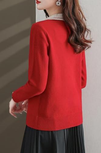 LAI MENG FIVE CATS Women's Polo Contrast Collar Sweater Casual Ribbed Knit Shirt V-Neck Tunic Pullover Top4