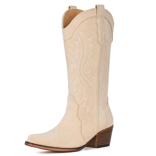 Image of IUV Cowboy Boots For Women Western Cowgirl Boots Mid Calf Snip Toe | Chunky Heel Ideal for low insteps